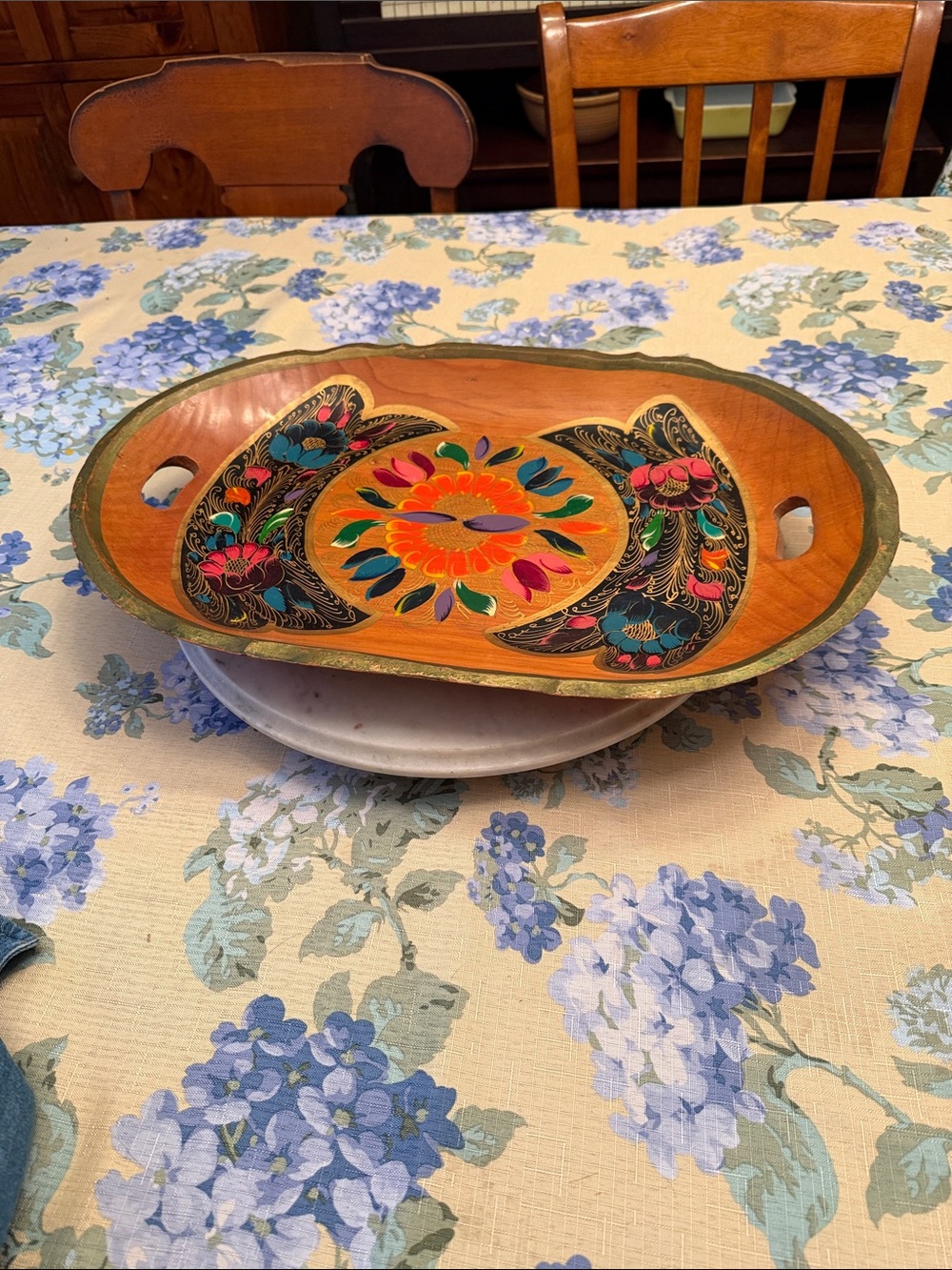 Hand-Painted Wooden Serving Tray with Floral Motif